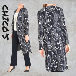 NWT CHICO’S Blue & White polka dot Duster notched collar side slits SZ 3(16-18)